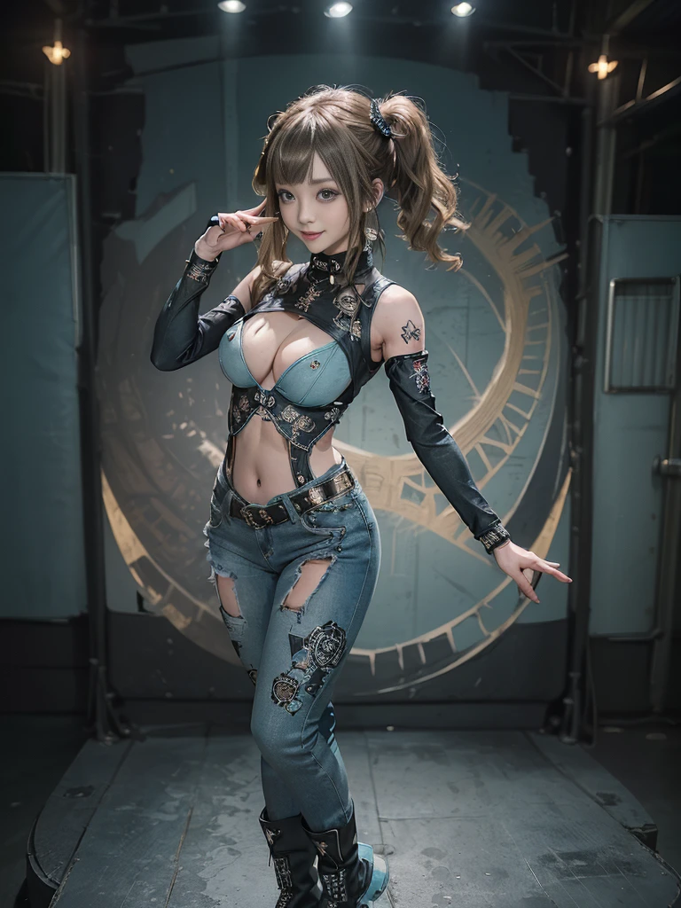 (Full Body View:1.3)、(Side view:1.2)、(Smiling with teeth showing:1.4),(Shibuya Gal:1.5)、(Gothic ta style fashion:1.5)、(Punk RockVisual Kei:1.5)、(Wearing a rhythmic gymnastics bodysuit with intricate details:1.4)、(Racing suit and pants with intricate turquoise, denim and charcoal decorations:1.5)、(Denim and light blue and turquoise boots:1.3)、((belt))、(Numerous delicate logo marks all over the costume:1.4)、(collar:1.3)、(Polka dot underwear:1.5)、20-year-old、NSFW、((Highest quality、In 8K、masterpiece:1.3))、Sharp focus:1.2、(Layered Cut、Huge boobs:1.1),Beautiful woman with perfect figure:1.4、(Doing a ballerina pose:1.3)、Slender Abs:1.2、Highly detailed face and skin texture、Detailed eyes、double eyelid,(Twin tails:1.3)、(Brown-golden hair:1.3)、Gravure idol、(The background is the stage of the fashion show:1.3)、(Slim Body:1.3),(Make your legs thinner:1.4),(clavicle:1.1)