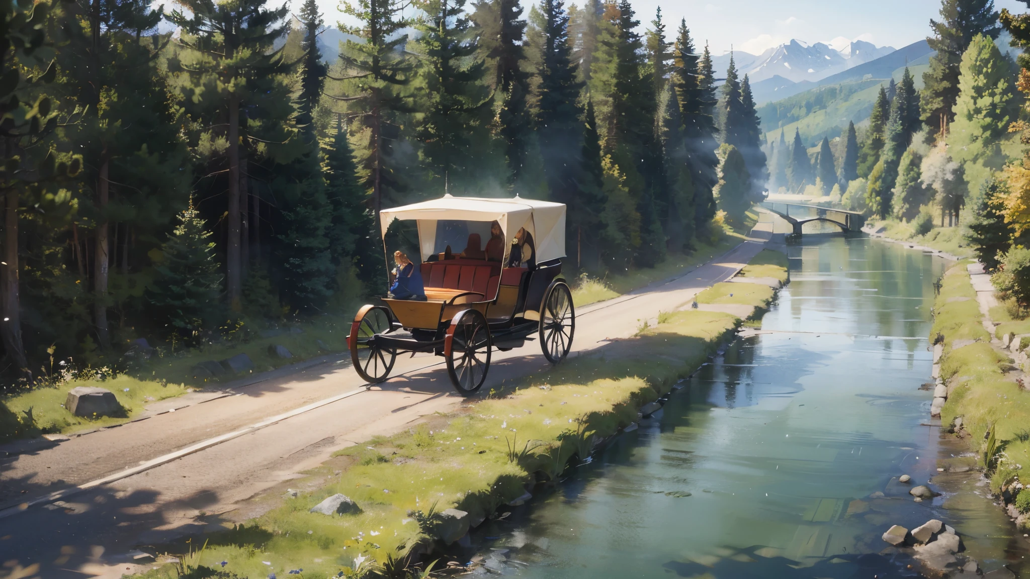 A horse-drawn carriage is running along a forest road along a river leading to a lake, passing travelers, a medieval fantasy world,
