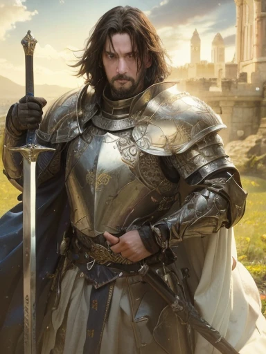 A knight in full armor and blue cape, the knight holds his huge bastard sword, he is in a stone castle, behind him there is a window with the bright sunrise, On the breastplate of his armor there is a symbol carved in the shape of an Ouroboros, a serpent in the shape of a perfect circle devouring its own tail., ouroboros, Ouroboros in armor, Ouroboros in armor, golden Ouroboros symbol, Keanu Reeves
