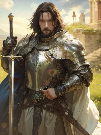 A knight in full armor and blue cape, the knight holds his huge bastard sword, he is in a stone castle, behind him there is a window with the bright sunrise, On the breastplate of his armor there is a symbol carved in the shape of an Ouroboros, a serpent in the shape of a perfect circle devouring its own tail., ouroboros, Ouroboros in armor, Ouroboros in armor, golden Ouroboros symbol, Keanu Reeves