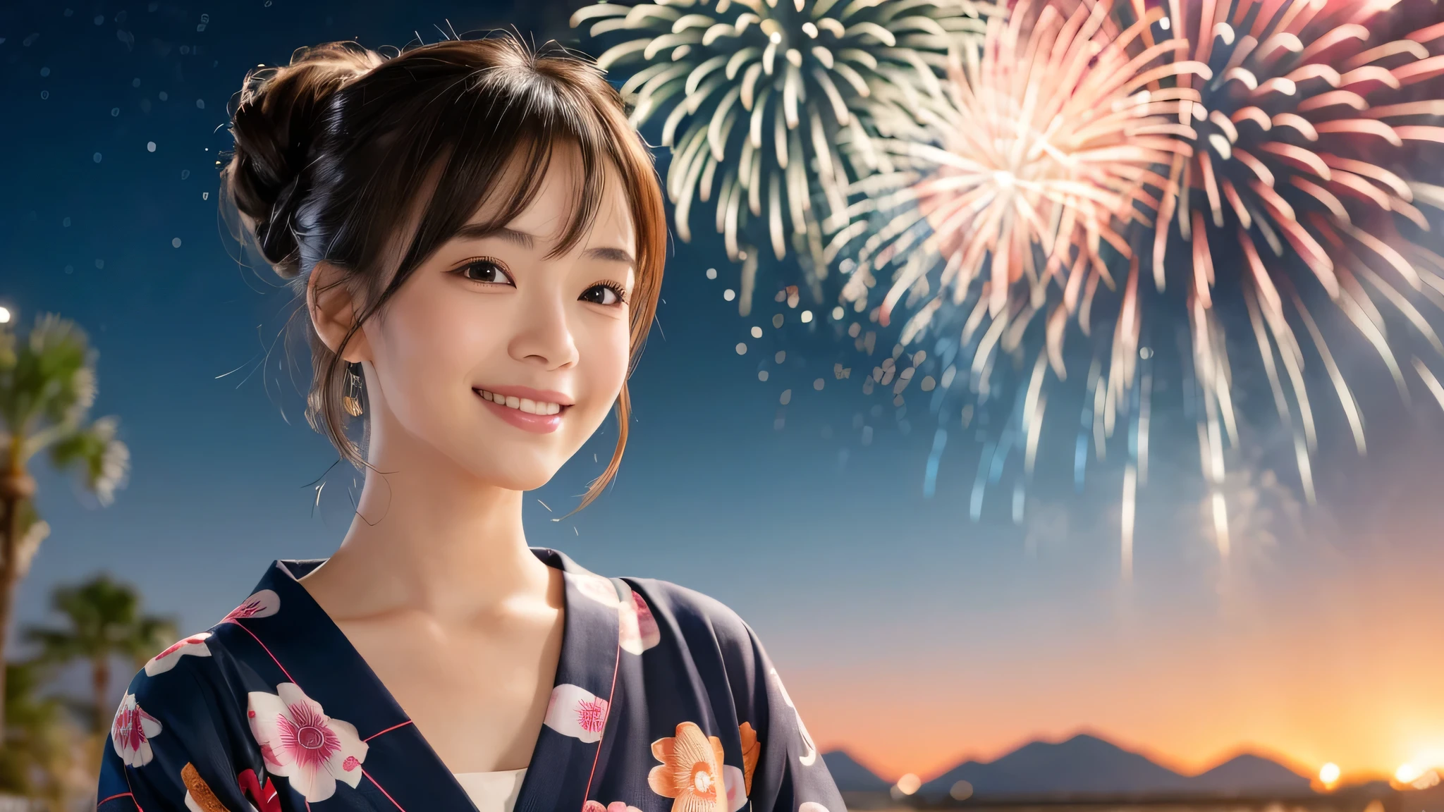 kawaii face, (1girl), (happy smile:1.2), (yukata), Updo hairstyle, (Best Quality:1.4), Realistic, extremely detailed CG unified 8k wallpaper, highly detailed, High-definition raw color photos, professional photography, Realistic portrait, Beautiful detailed, Close up portrait of girl, Outdoors, Beautiful scenery, beach, (The night sky, fireworks, beautiful fireworks spreading across the sky:1.4), so beautiful, upper body photos, amazingly beautiful sight, A wonderful, (Fine face:1.2),