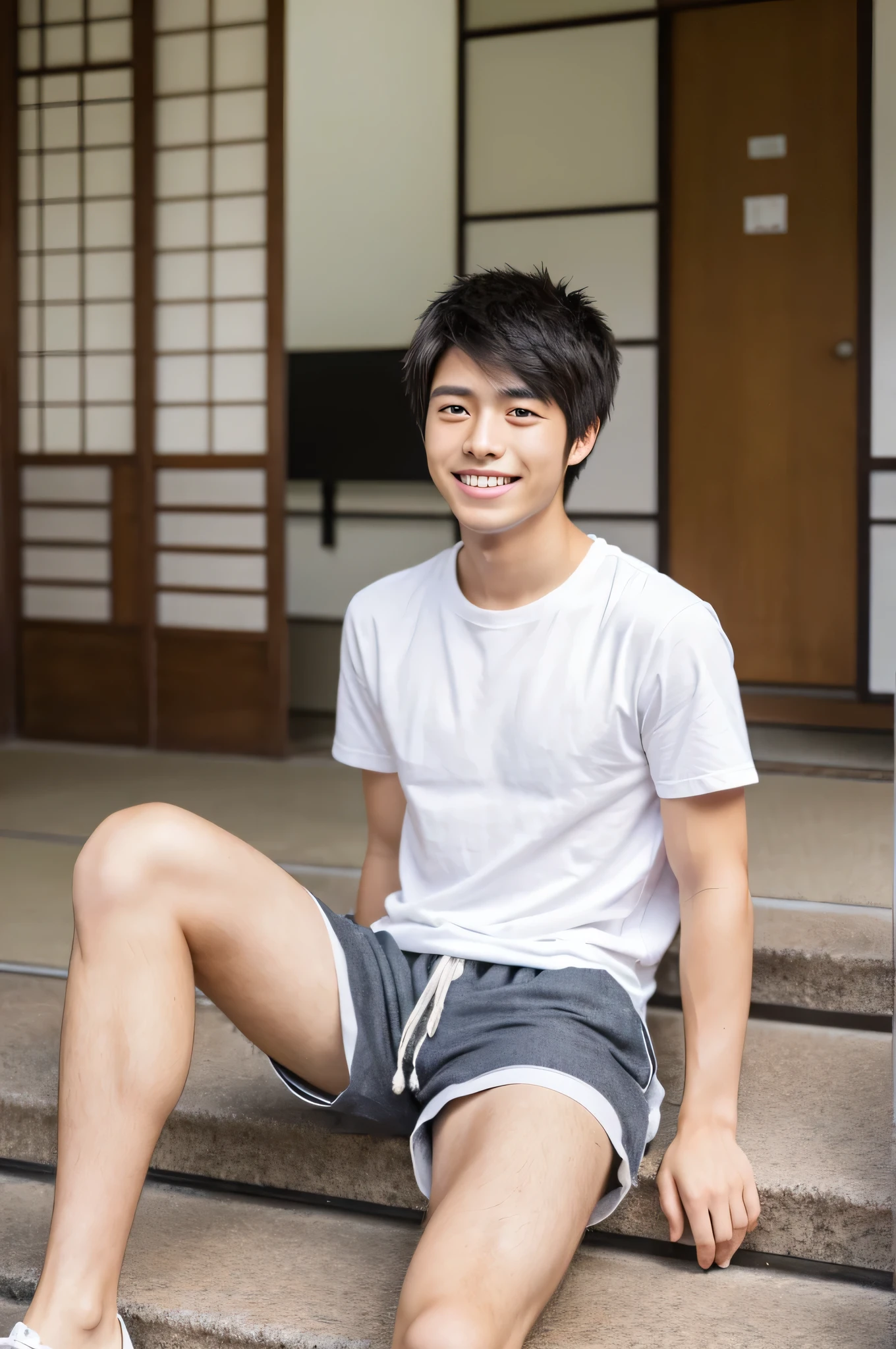 Japanese, male, university student, Wearing shorts, Sitting, ((full body)), (super sharp focus), (Hairy legs), smile, Anatomically correct,