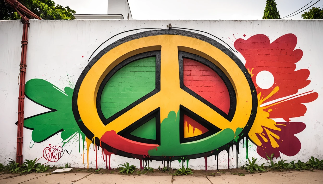 Graffiti on the wall of a white house,The inside of the peace sign is made of Rasta colors.