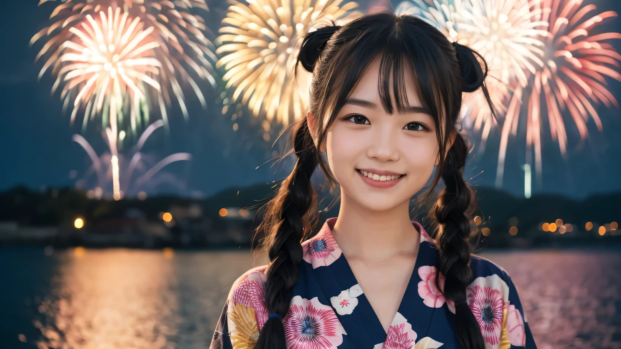kawaii face, (1girl), (happy smile:1.2), (yukata), Pig tails hair, (Best Quality:1.4), Realistic, extremely detailed CG unified 8k wallpaper, highly detailed, High-definition raw color photos, professional photography, Realistic portrait, Beautiful detailed, Close up portrait of girl, Outdoors, Beautiful scenery, beach, (The night sky, fireworks, beautiful fireworks spreading across the sky:1.4), so beautiful, upper body photos, amazingly beautiful sight, A wonderful, (Fine face:1.2),