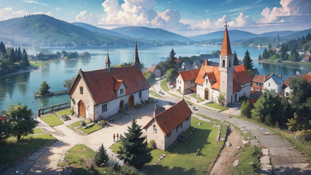 A medieval fantasy world where horse-drawn carriages run along the forest road along the river leading to a small lakeside village, travelers come and go, and a small church can be seen in the distance.