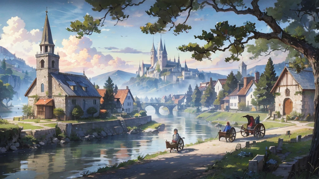 A medieval fantasy world where horse-drawn carriages run along the forest road along the river leading to a small lakeside village, travelers come and go, and a small church can be seen in the distance.