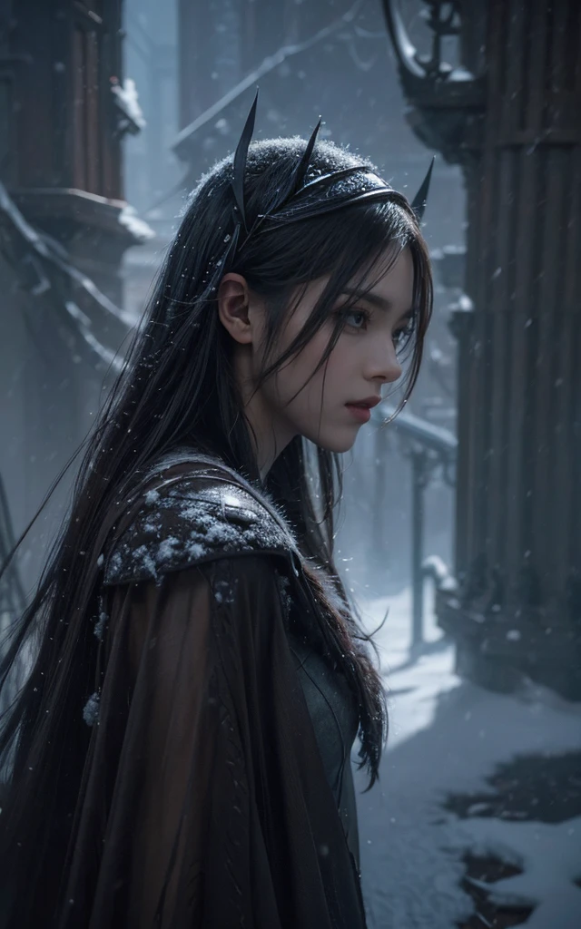 (snowstorm, desolving:1.3), Greg Rutkowski Style, Lots of details, symmetry, Dark Fantasy, Dark Plants, complex, full of imagination, Very detailed
