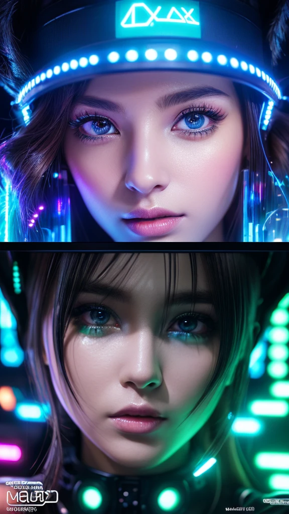 Amazing AI girls in the digital matrix, 1girl, beautiful detailed eyes, beautiful detailed lips, extremely detailed eyes and face, long eyelashes, cyberpunk, futuristic, neon lights, glowing interface, holographic display, intricate machinery, digital landscape, vivid colors, cinematic lighting, photorealistic, 8k, high quality, masterpiece, (best quality,4k,8k,highres,masterpiece:1.2),ultra-detailed,(realistic,photorealistic,photo-realistic:1.37)