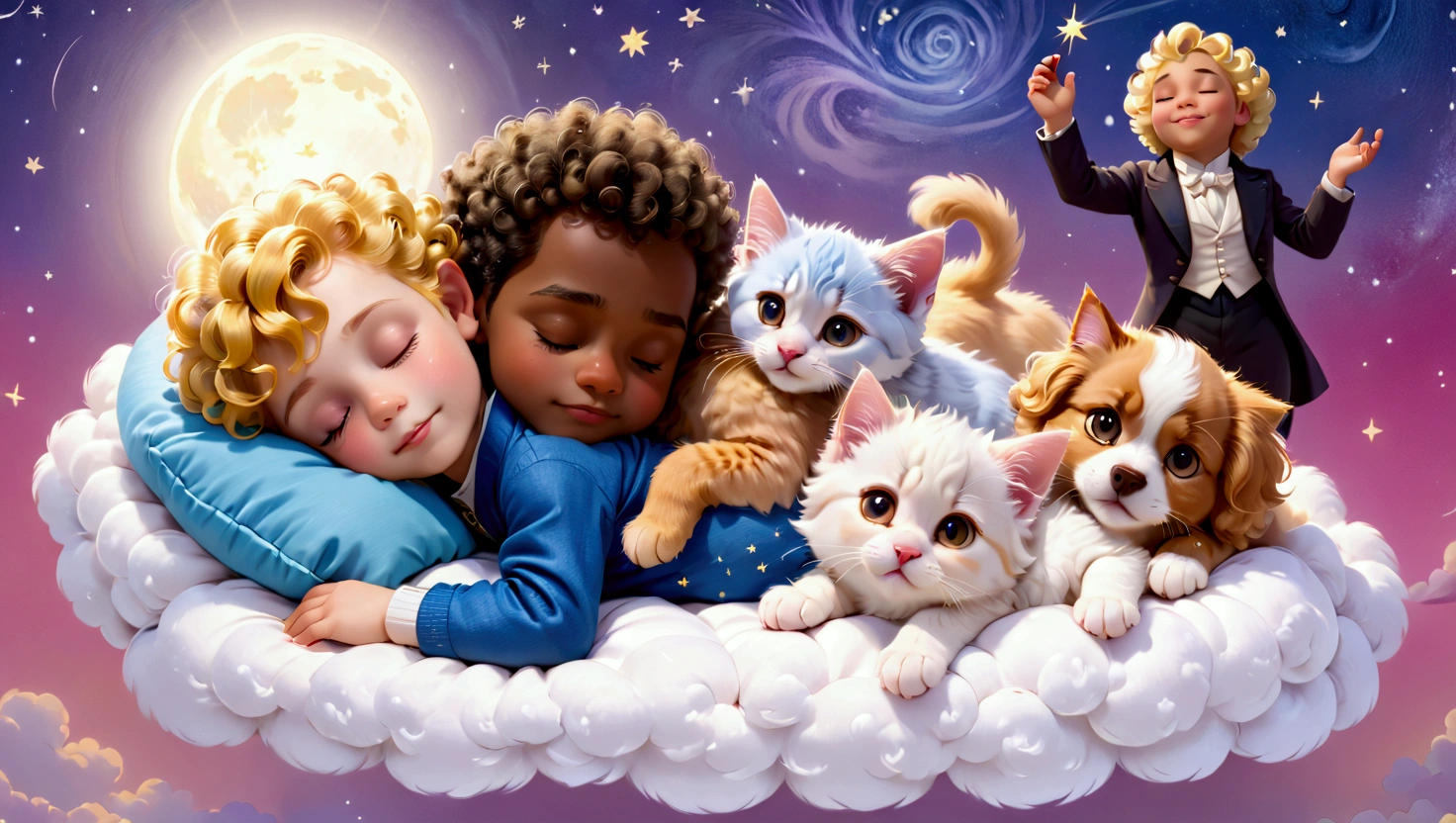 An image of a blond 5 year old boy with yellow curly hair, sleeping with a lhaza apso puppy, white with caramel spots on the eyes, paws and tail, a blue kitten, um gatinho filhote amarelo com um boné da vondutch e uma pink kitten filhote  com uma tiara de flores na cabeça, everyone sleeps peacefully with a slight smile in their eyes, as if they were dreaming, they sleep on a cloud with a background of a beautiful starry night and a figure that represents a version of Amadeus Mozart as he is telling the characters to sleep. pink kitten, no clothers