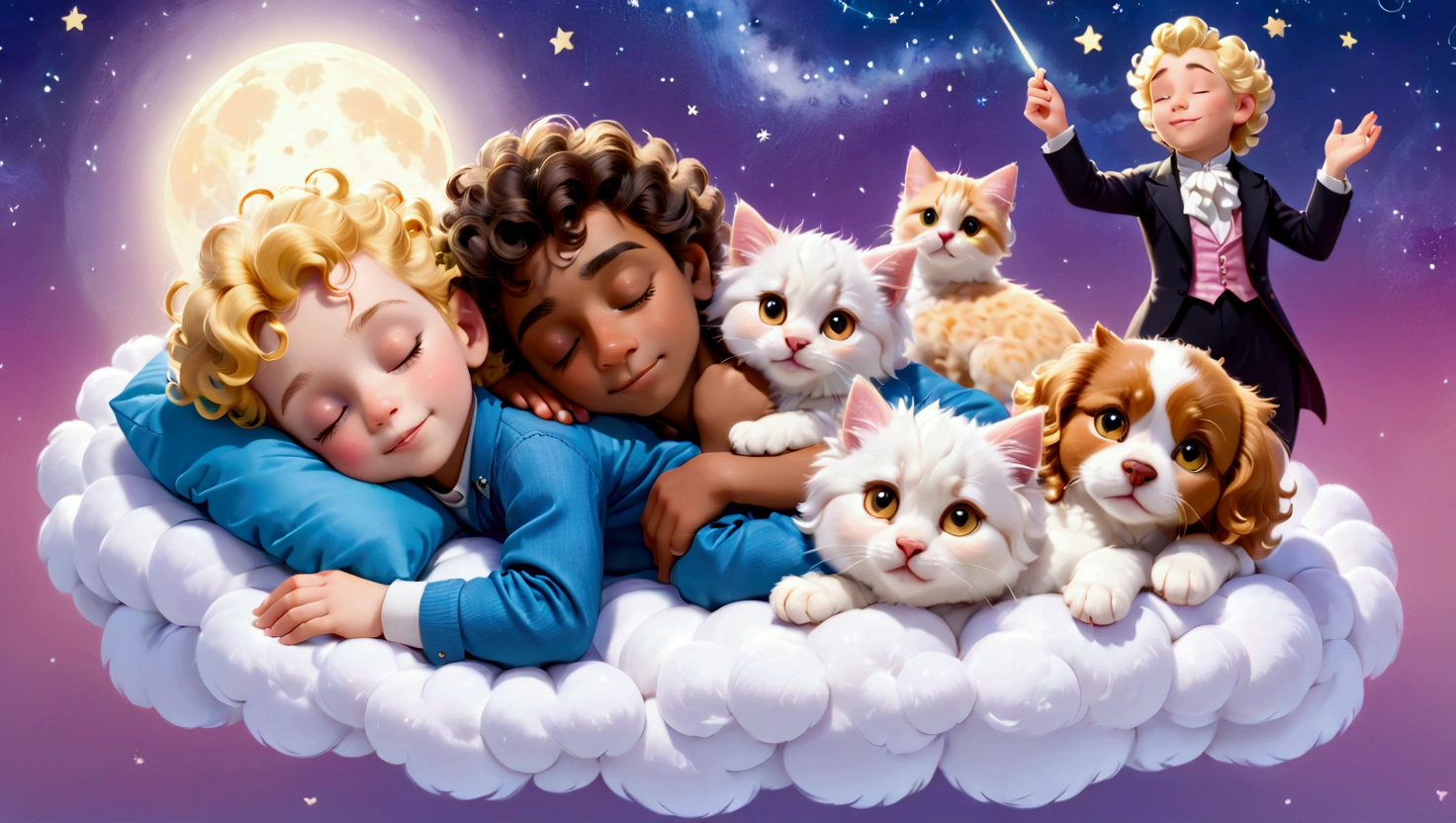 An image of a blond 5 year old boy with yellow curly hair, sleeping with a lhaza apso puppy, white with caramel spots on the eyes, paws and tail, a blue kitten, um gatinho filhote amarelo com um boné da vondutch e uma pink kitten filhote  com uma tiara de flores na cabeça, everyone sleeps peacefully with a slight smile in their eyes, as if they were dreaming, they sleep on a cloud with a background of a beautiful starry night and a figure that represents a version of Amadeus Mozart as he is telling the characters to sleep. pink kitten, no clothers