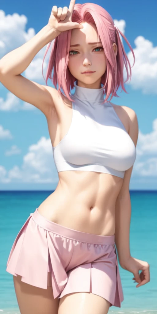 realist, 1 girl, Sakura Haruno, pink hair, green eyes, Large and round breasts, attractive body, pure white skin, bright Eyes, pink crop top, pink skirt, Chapped lips, rouge, evening, flores, sun , sunlight. He has his hand on his forehead making the sign "L" with your index finger and your thumb, your index finger and thumb form a right angle. His face is expressionless and with some disdain.