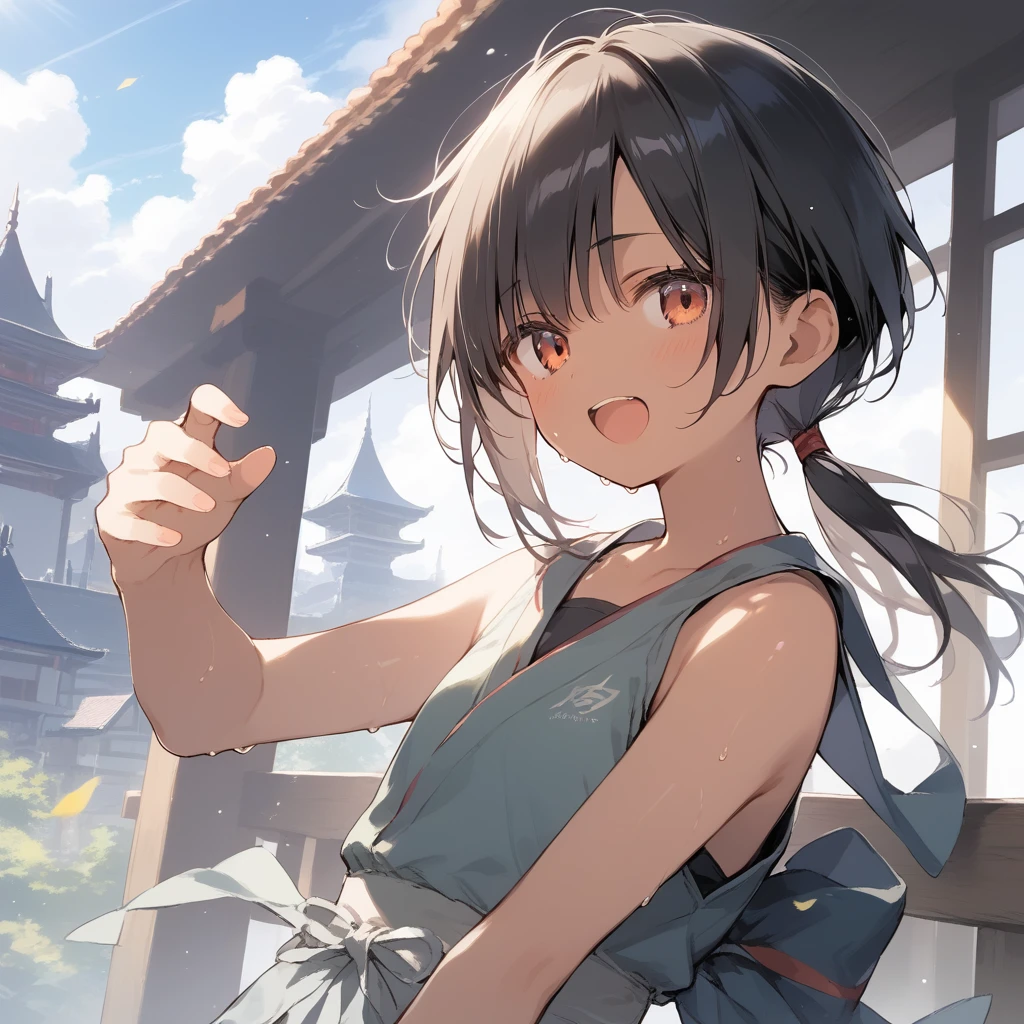 score_9, score_8_up, score_7_up, source_anime, best quality, masterpiece, official art, absurdres, highres, ultra-detailed,waifu2x,Collection: Slice of Life,break,1girl, tomboy, dark-skinned female, short hair, low ponytail, flat chest, beautiful detailed eyes, ninja, shorts, sweat, open mouth, (yawn:0.3), sleepily, outdoors, japanese castle, wind,break,(clear line illustration:1.2), super detailed skin,very high resolution, very aesthetic, Best sexual lighting powered by famous artist, 8k,cute picture,beauty illustration,photoshop_(medium),,(Detailed Lighting),best anime 8k konachan wallpaper, pixiv contest winner, 