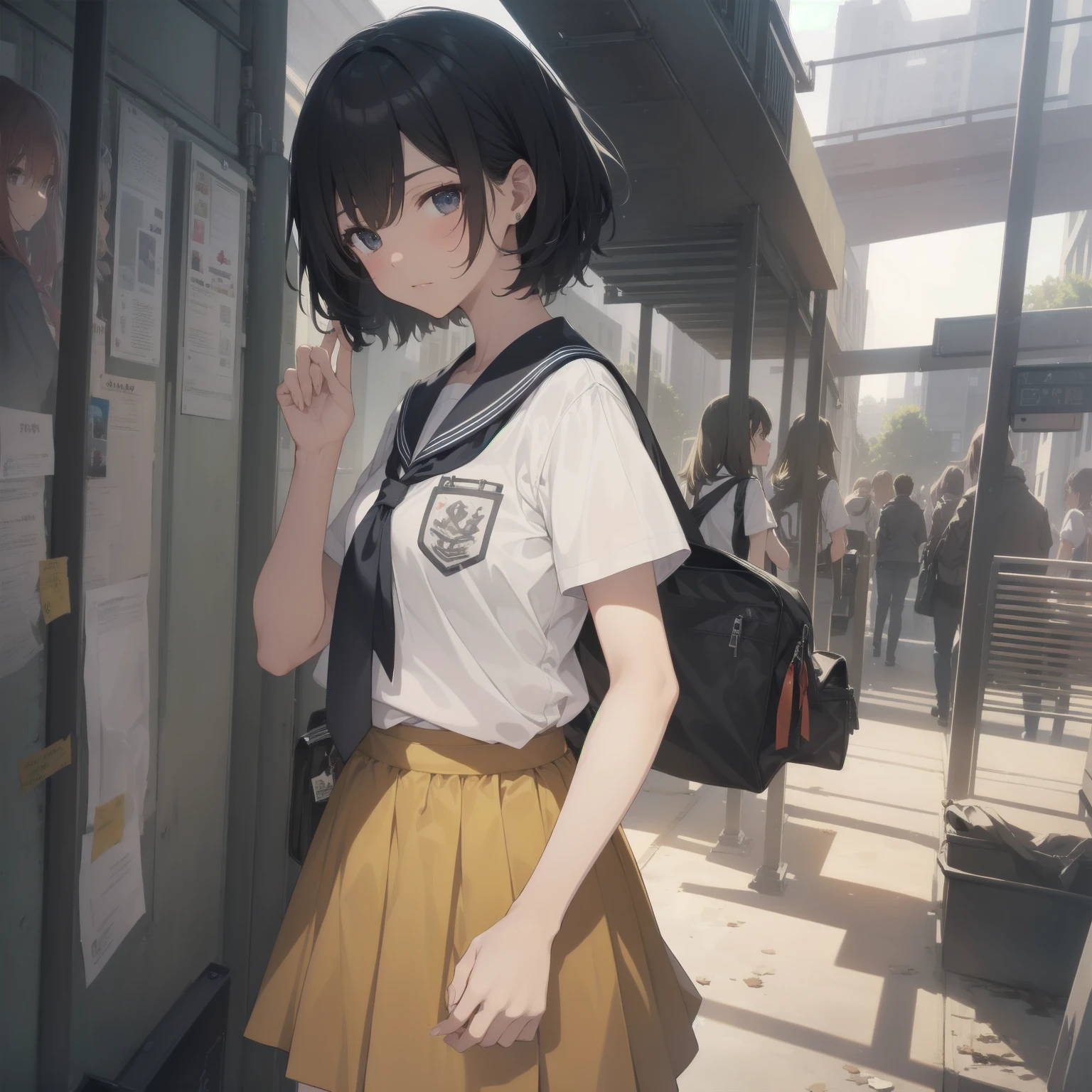 ultra-absurdres-Top quality by artist God, ultra-detailed, high resolution, anime moe artstyle, best anime 8k konachan wallpaper, pixiv contest winner, pool:2810, perfect anatomy,break, 1girl, (Please draw a girl walking sleepily to school alone. )break,(Solo,little female, 13-year-old:1.3),Full limbs, complete fingers,a junior high school student, (very short hair), short cut, flat chest, , small butt, small black eyes, beautiful detailed eyes, well-proportioned iris and pupils, expressive eyes, highres detailed hair, soft expression, salor school_uniform, sailor collar, serahuku, bow, pleated skirt,(Detailed Lighting), (Detailed background), in the School commute route. break,super detailed skin, Best cinematic lighting powered by famous artist, 8k,beauty illustration,photoshop_(medium),very aesthetic,break,((artist:kotorai )), artist:clamp ,artist:carnelian ,artist:kantoku ,

