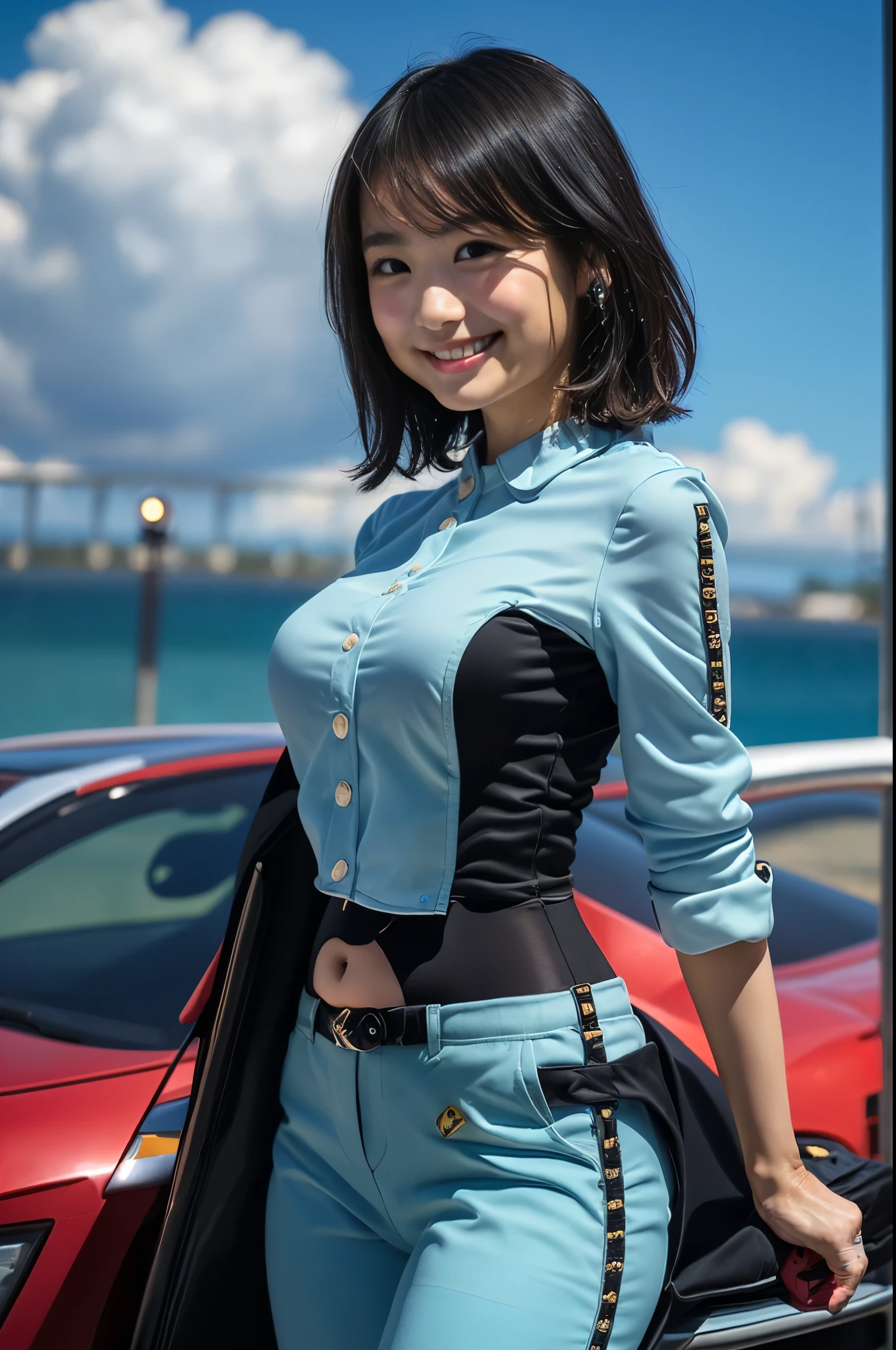 (8k、Raw photography、Highest quality、masterpiece:1.2),(Black Hair、Dark Eyes:1.9),(Red plug suit:1.6)、View your audience,Viewed from the front,White skin,(:1.4)、(Tight waist:1.6)、(Clothes that accentuate the shape of the breasts:1.0)、(Big Breasts :1.3)、Slim figure、Ultra-high resolution,beautiful,beautiful fece,(One person、No background:1.9),whole bodyボディー,Japanese women,(reality的:1.37)、Photon Mapping,reality、(Baby-faced and cute: 1.4)、(Cute Smile: 1.8)、(Round face: 1.8)、Radio City、Physically Based Rendering、Depth of field rally background、photograph, (I can see your knees、Thigh close-up:1.8),(:1.6),whole body、Great quality