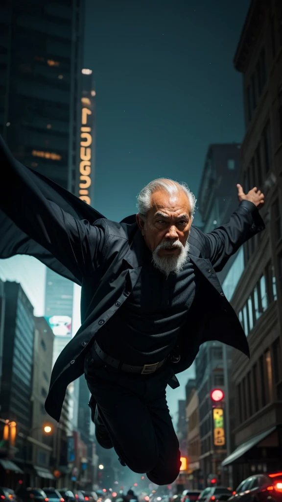 a bustling cityscape, chaos, villain wreaks havoc, Malay old man, traditional superhero costume, modern twist, billowing cape, soaring through the air, confronting the villain, protecting the city, 28mm lens, extreme close up shot, muted color grading, depth of field cinematography, thriller film style, best quality, 8k, ultra-detailed, realistic, photorealistic, HDR, studio lighting, vivid colors, bokeh