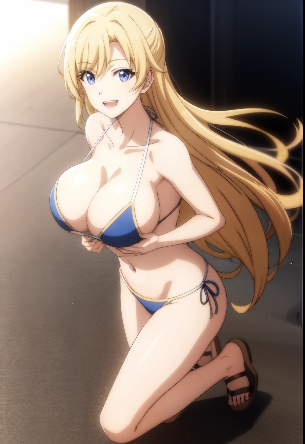 FemaleKnight, solo, looking at viewer, smile, open mouth, teeth, blonde hair, yellow hair, long hair, blue eyes, large_breast, full body, perfect hands, ((skinny body)) , skinny_body, bikini, anime coloring, perfect body, ((clear shoulders)), perfect body, skinny_body, perfect_body