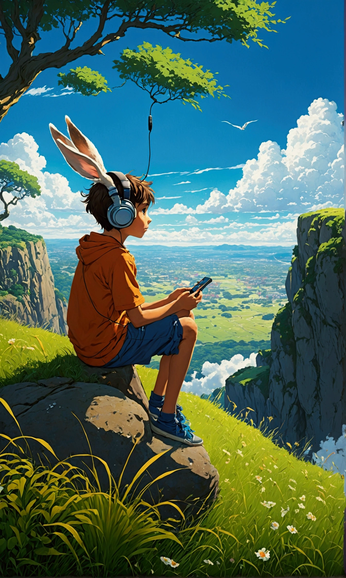 a boy sitting under a tree near a cliff in a meadow , seeing a vast blue sky with fluffy clouds and brush strokes , tall grasses stones, , makoto shinkai cyril rolando, anime art wallpaper 4k, anime art wallpaper 4k, animated background, anime art wallpaper 8K, animated background art, Anime Landscape Wallpaper, amazing wallpaper, HD wallpaper, 4k anime wallpaper, 4k anime wallpaper, Aries Moross art,art by Bob Byerley , AshleyWoodArtAI, greg rutkowski, flower, very colourful, flower velly, rabbit near the boy,boy listening music using by headphone
