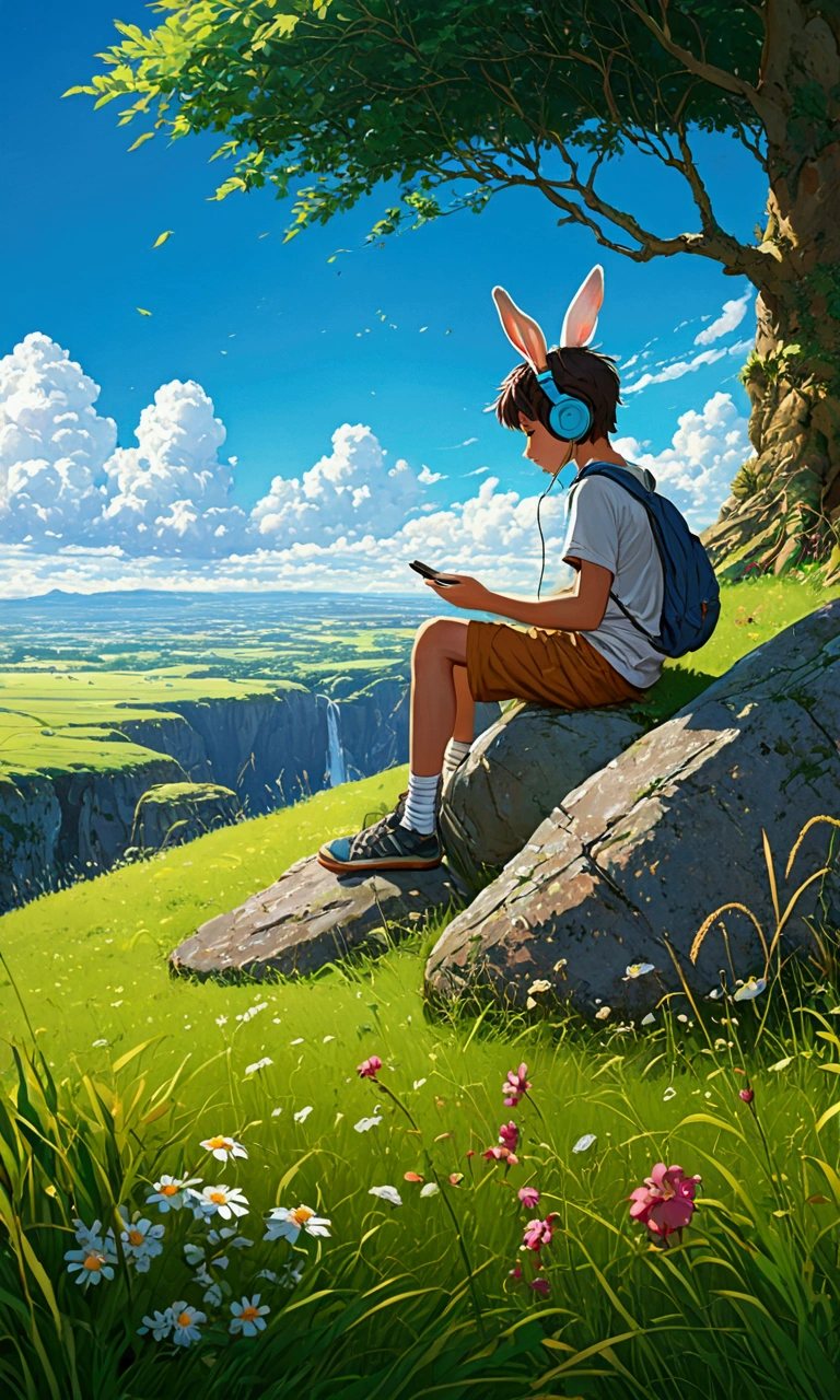 a boy sitting under a tree near a cliff in a meadow , seeing a vast blue sky with fluffy clouds and brush strokes , tall grasses stones, , makoto shinkai cyril rolando, anime art wallpaper 4k, anime art wallpaper 4k, animated background, anime art wallpaper 8K, animated background art, Anime Landscape Wallpaper, amazing wallpaper, HD wallpaper, 4k anime wallpaper, 4k anime wallpaper, Aries Moross art,art by Bob Byerley , AshleyWoodArtAI, greg rutkowski, flower, very colourful, flower velly, rabbit near the boy,boy listening music using by headphone

