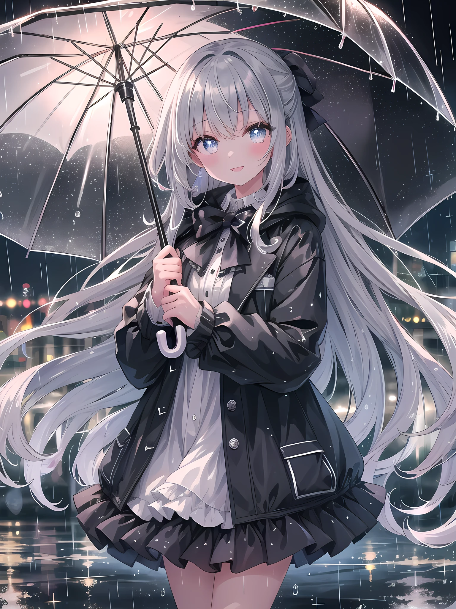 ((8k, best quality, master piece: 1.3)),super high resolution,(1 girl, solo), (colorshift eyes, hyperdetailed, expressive sparkling, glitter, glowing eyes), ultra detailed eyes, ultra-detailed face, random hair, ((silver gray color)),Please draw a  girl walking in the rain wearing a colorful raincoat. The girl has a happy expression on her face and is jumping through puddles while holding an umbrella in her hands. A rainy cityscape is in the background and there are reflected lights all around. The camera angle should be from the front of the girl jumping through the puddles. The colors are the colorful raincoat and the reflected lights in the rain, with details of the water droplets and umbrella.A refreshing scene with shining water droplets on a surface. The droplets catch and reflect light, creating tiny points of brilliance. The background is softly blurred, emphasizing the clarity and sparkle of the water droplets. This effect adds a fresh, clean, and vibrant feel to the image.