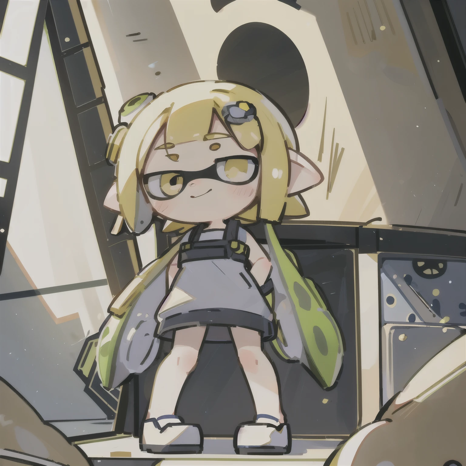 masterpiece、Highest quality、High resolution、(Little:1.2),Splatoon Girl,Beautiful depiction、Are standing, sunlight, (work:1.2)、Golden Eyes、Cute eyes、Put one hand next to your mouth、Screaming、cute、blush、smile、