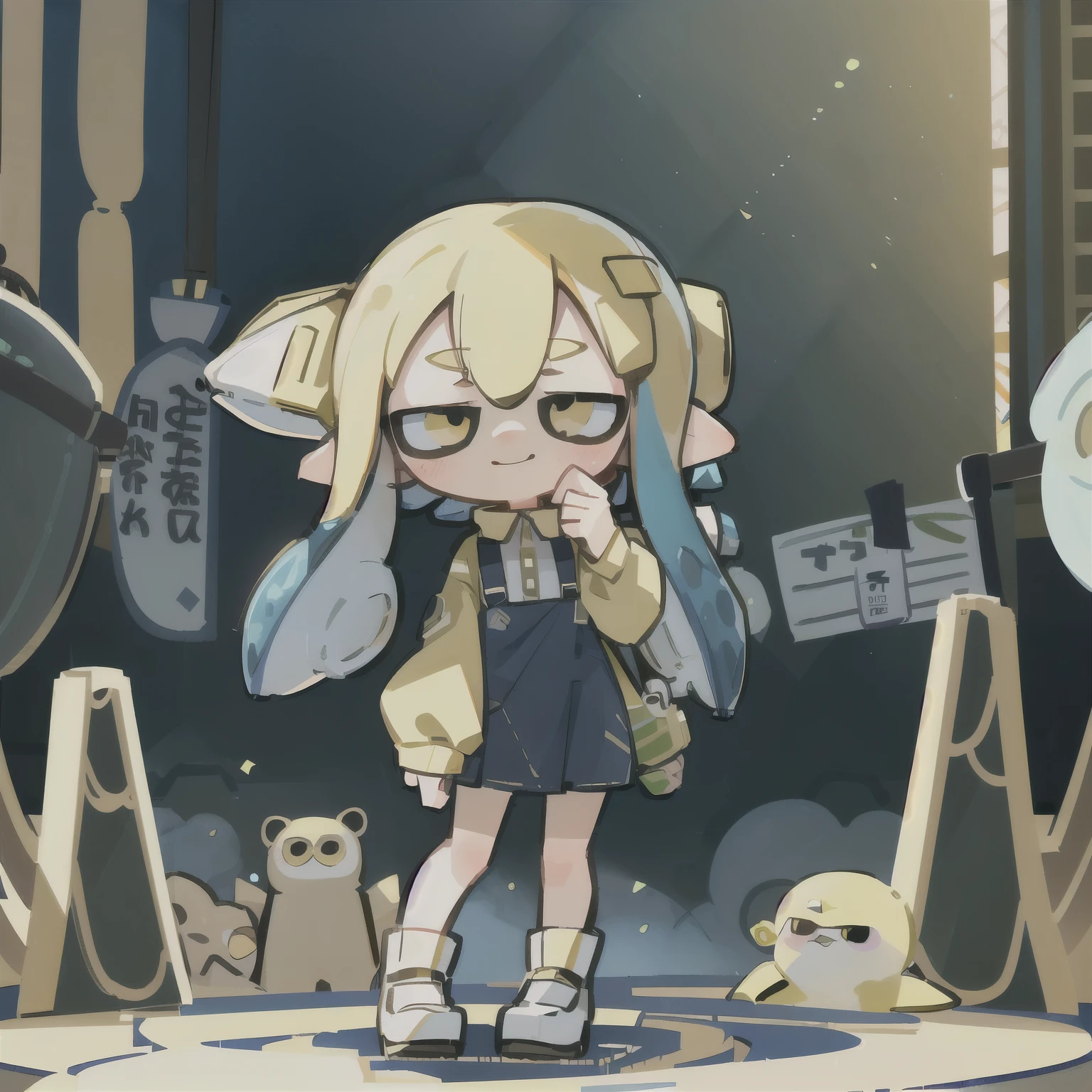 masterpiece、Highest quality、High resolution、(Little:1.2),Splatoon Girl,Beautiful depiction、Are standing, sunlight, (work:1.2)、Golden Eyes、Cute eyes、Put one hand next to your mouth、Screaming、cute、blush、smile、