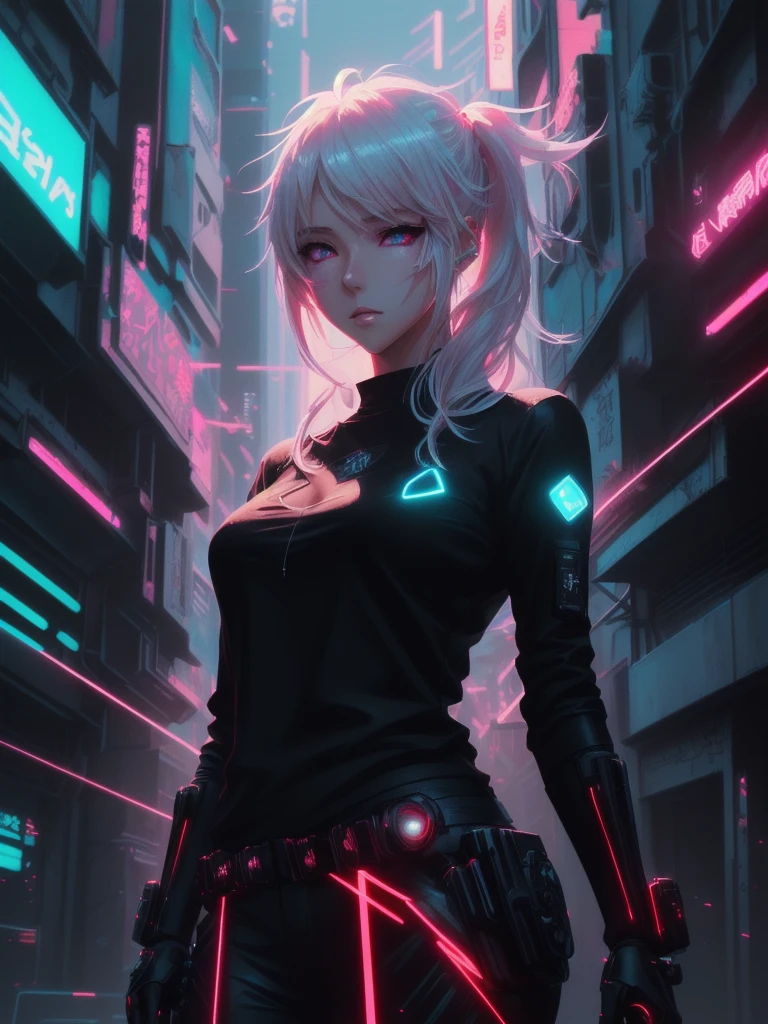 a close up of a woman in a black top and red laser lights, bright aura, bright aura white light, badass anime 8 k, bright and cinematic lighting, anime style 4 k, emitting bright white aura, glowing, white aura, cyberpunk anime girl, female cyberpunk anime girl, anime cyberpunk art, alena aenami and artgerm