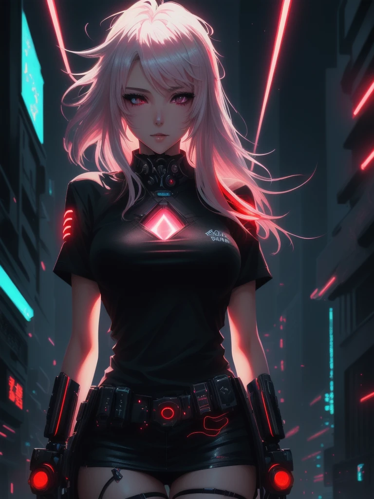 a close up of a woman in a black top and red laser lights, bright aura, bright aura white light, badass anime 8 k, bright and cinematic lighting, anime style 4 k, emitting bright white aura, glowing, white aura, cyberpunk anime girl, female cyberpunk anime girl, anime cyberpunk art, alena aenami and artgerm