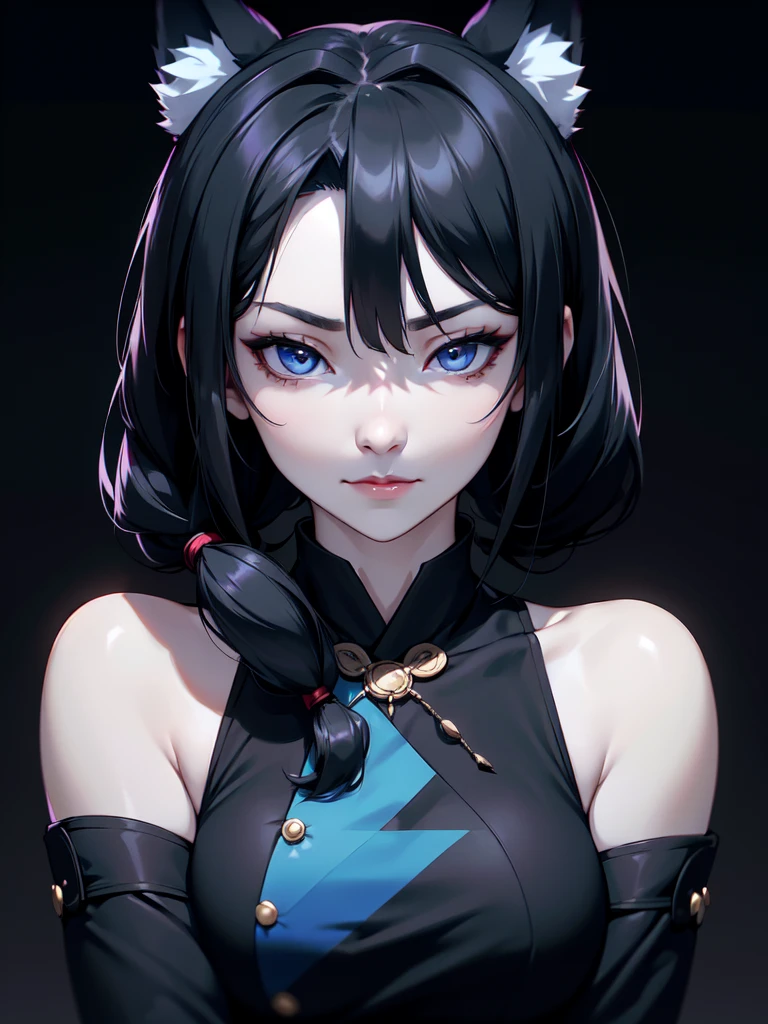 (((Portrait Photo))), She has the Appearance of a Regal Teenager, with a Strong, Muscular Build, and Cold Pale Skin that Exudes Elegance. She has Black Hair Tied into Twin Low Ponytails, Keeping it Neat and Out of Her Face. The Top of Her Head is Shaped Like an Odango to Resemble Wolf Ears. Her Icy Blue Eyes Reflect the Penetrating Gaze of a Husky—Intense, Intelligent, and Unyielding. She is Dressed in a Black Cheongsam with Bare Shoulders and Loose Sleeves. Her Expression is Calm and Composed, with a Subtle, Knowing Smirk, Perfectly Embodying the Essence of Pride and Excellence. (((High Quality, Dark Background))), (((Portrait Photo)))