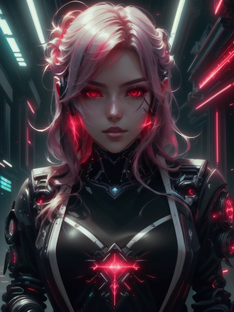 a close up of a woman in a black top and red laser lights, bright aura, bright aura white light, badass anime 8 k, bright and cinematic lighting, anime style 4 k, emitting bright white aura, glowing, white aura, cyberpunk anime girl, female cyberpunk anime girl, anime cyberpunk art, alena aenami and artgerm