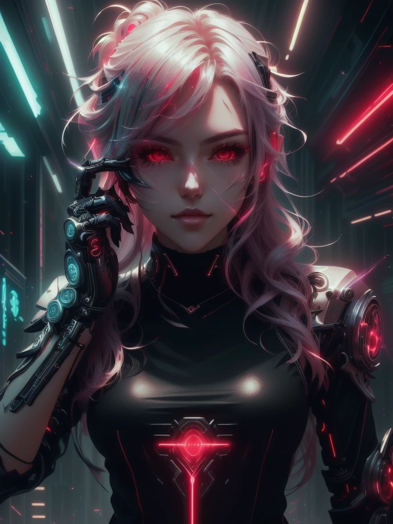 a close up of a woman in a black top and red laser lights, bright aura, bright aura white light, badass anime 8 k, bright and cinematic lighting, anime style 4 k, emitting bright white aura, glowing, white aura, cyberpunk anime girl, female cyberpunk anime girl, anime cyberpunk art, alena aenami and artgerm