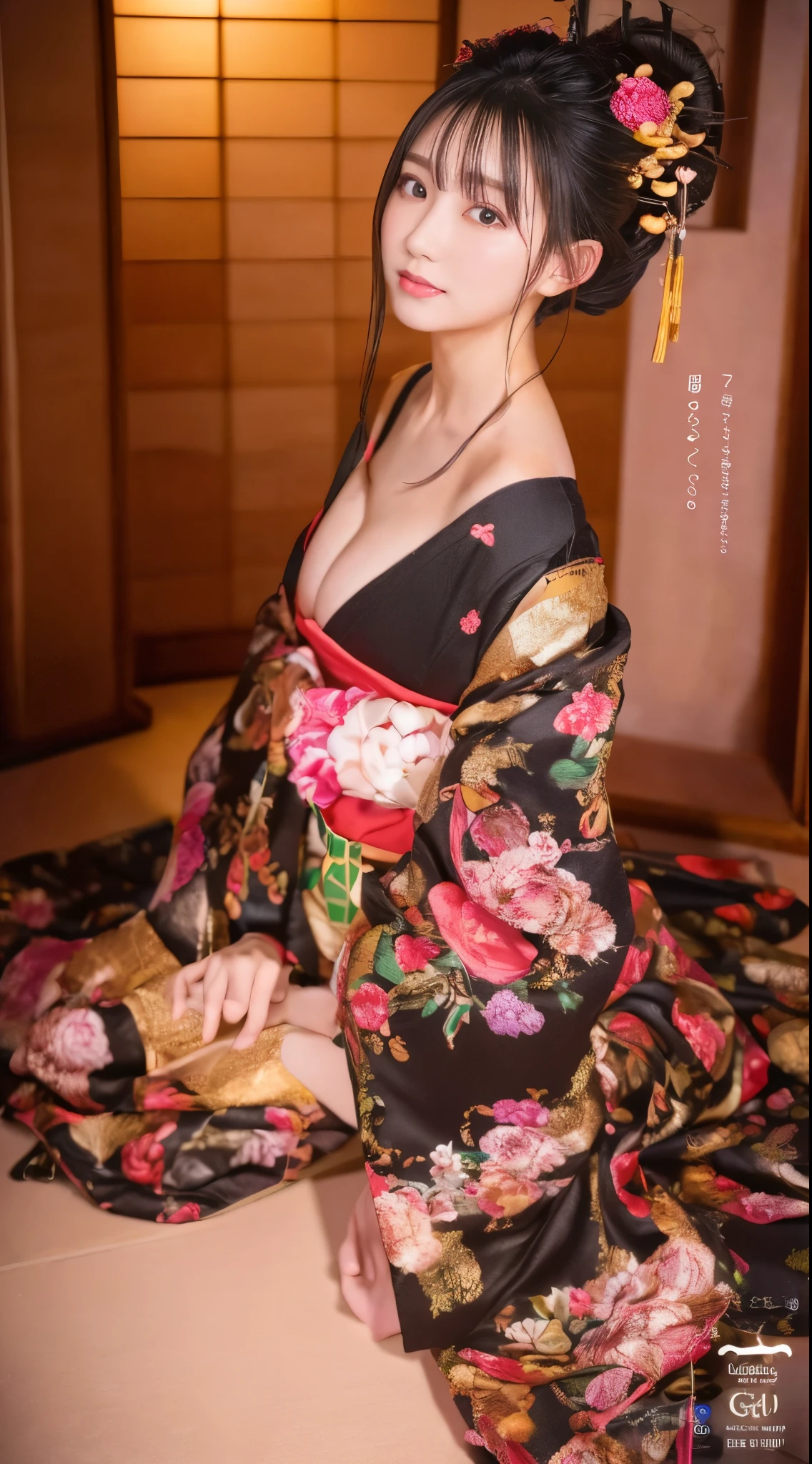 ((masterpiece(:1.4)，Highest quality，Ultra-high resolution，Highest quality，8k，Extremely detailed，In detail))。night，Japanese，A beautiful woman，Big Breasts，Gal Makeup，Oiran，Long-sleeved kimono，Hair tying，hair ornaments，smoke tube，geta，Gorgeous and luxurious，(遊郭でOiranに扮したアイドルのスナップ写真)，Hyper Quality，Realistic，Actual person