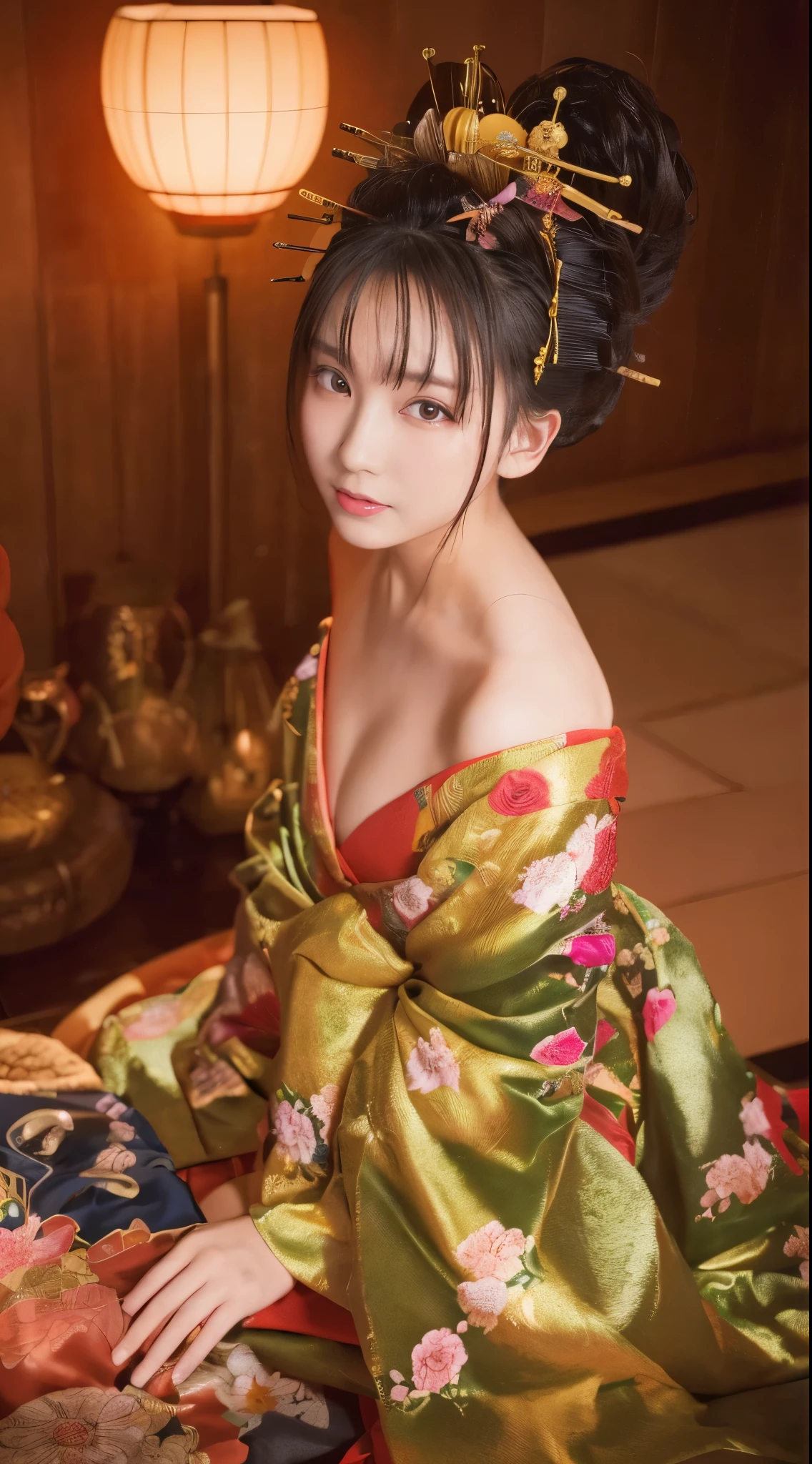 ((masterpiece(:1.4)，Highest quality，Ultra-high resolution，Highest quality，8k，Extremely detailed，In detail))。night，Japanese，A beautiful woman，Big Breasts，Gal Makeup，Oiran，Long-sleeved kimono，Hair tying，hair ornaments，smoke tube，geta，Gorgeous and luxurious，(遊郭でOiranに扮したアイドルのスナップ写真)，Hyper Quality，Realistic，Actual person