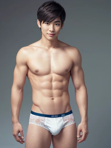 Japanese man in thin white underwear, Take the whole body, Quiv haircut, Look at the camera, Detailed parts of the face, Manly, charming, Active Boy, Standing in front of a gray background, Freestyle moves, happy expression, perfect anatomy, Symmetrical body, Asia boy 19 years old, shirtless :: Highly detailed, Asia, a little six packs charming body, realistic, human skin, short hairstyle, handsome chad chin, shirtless, handsome, charming, Be a man, sexually charming, human skin, (Make eye contact), handsome, charming,full body shot