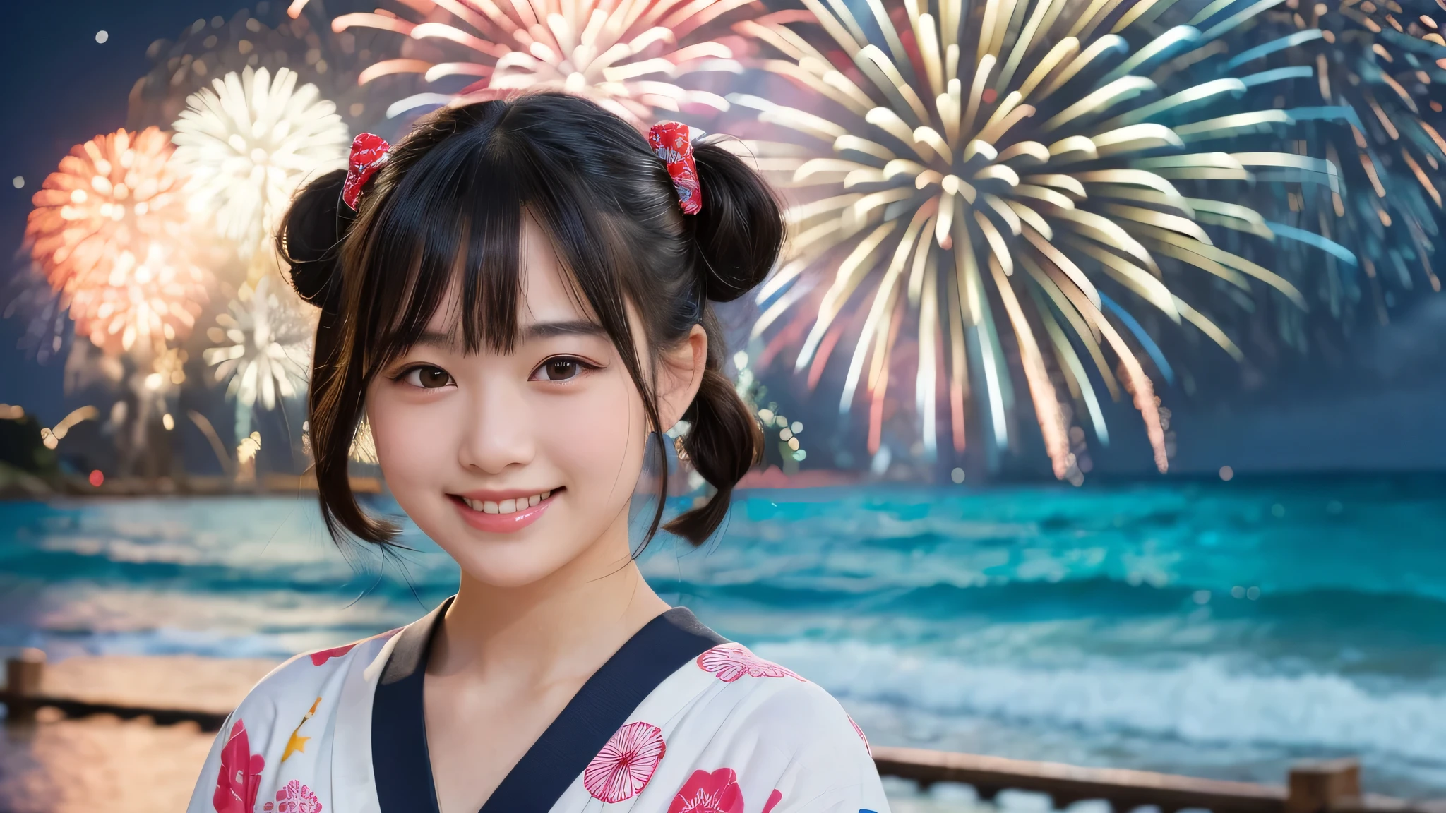 kawaii face, (1girl), (happy smile:1.2), (yukata), Pig tails hair, (Best Quality:1.4), Realistic, extremely detailed CG unified 8k wallpaper, highly detailed, High-definition raw color photos, professional photography, Realistic portrait, Beautiful detailed, Close up portrait of girl, Outdoors, Beautiful scenery, beach, (The night sky, fireworks, beautiful fireworks spreading across the sky:1.4), so beautiful, upper body photos, amazingly beautiful sight, A wonderful, (Fine face:1.2),