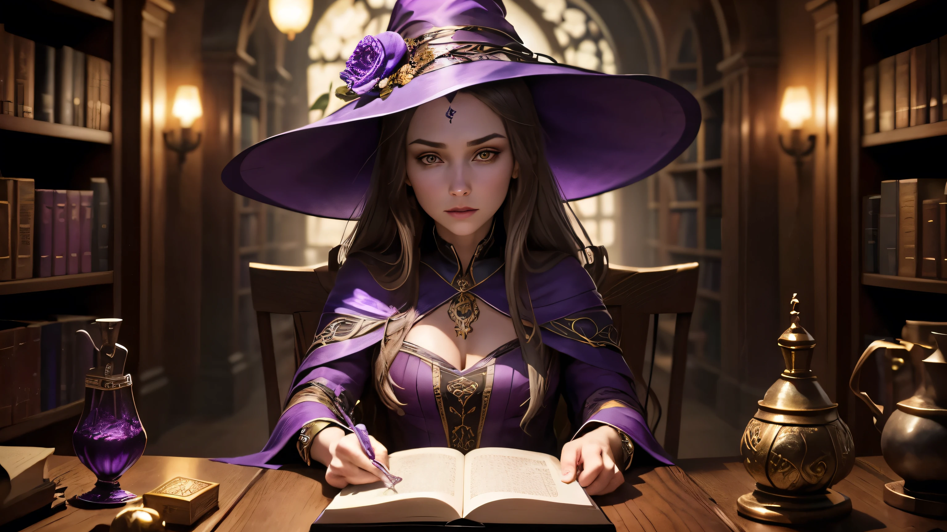 Fantasy middle-aged sorceress woman with pale skin, with yellow eyes and long brown hair streaked with gray, sits in a magical library in purple tones. She's sitting at a table, Magic ball on the table, cards for fortune telling, Herbage, there are bookshelves behind her. A woman is dressed in a long, expensive magical robe of purple flowers.. On her head is a witch hat. Her facial expression is slightly surprised, interested