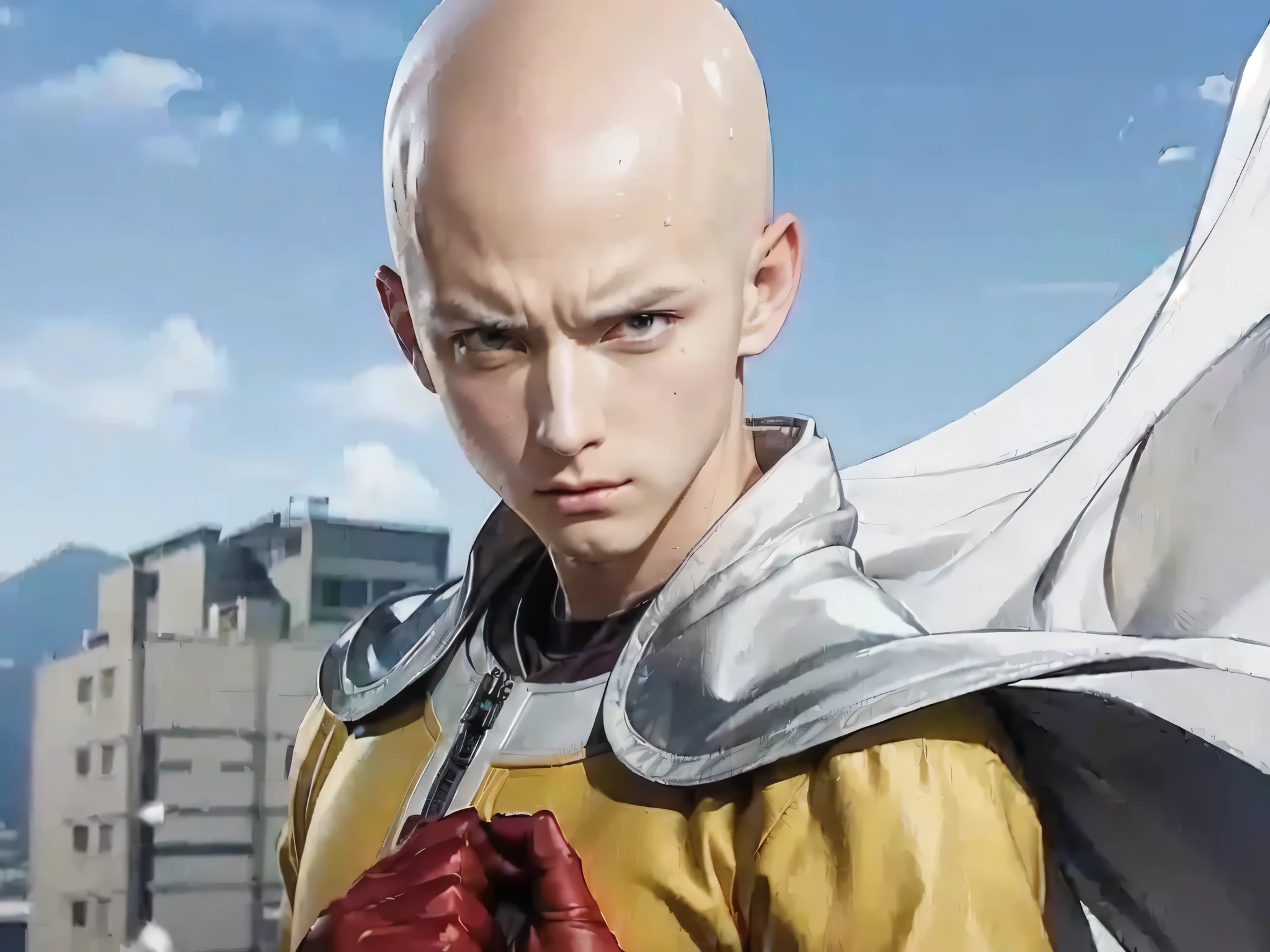 a close up of a person with a red glove on, one punch man manga, saitama, one punch man, chef saitama one punch man, handsome saitama, portrait of saitama, anime key visual like saitama, handsome saitama. intricate, anatomical drawing of saitama, anime cgi style, anime masterpiece, bald head and menacing look, saitama, saitama from one punch man, badass anime 8 k, key anime art, anime styled digital art, realistic character, realistic style 4 k, badass realistic 8 k, clean detailed realistic art, saitama from one punch man, realistic lightning