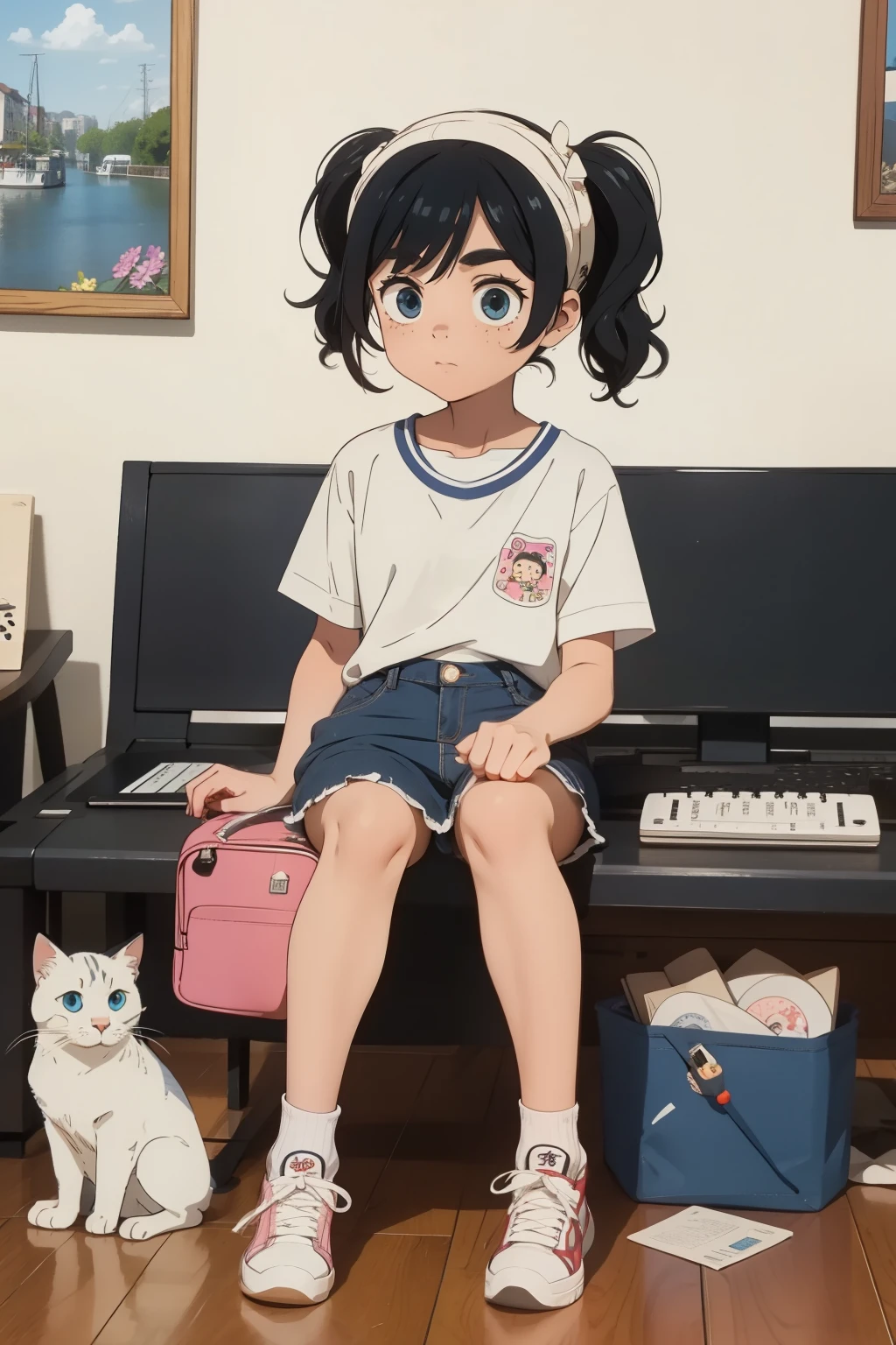 masterpiece,Highest quality,masterpiece,Highest quality,Cute doodles,Hilarious, Honor student, 10 years old,Low length,Curly Hair, Twin tail hair,Vibrant, inquisitive eyes,freckles,Thick eyebrows,Short white T-shirt,Very short miniskirt in denim,Open Fly,sneakers, Flower-like scent,pop,Punk Bag,trip,Playing with cats