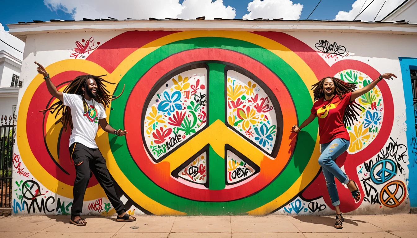 Graffiti on the wall of a white house,The inside of the peace sign is made with Rasta colors,Dancing men and women