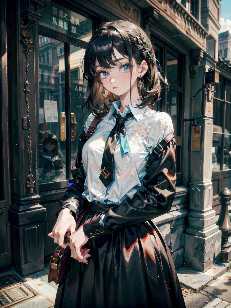 absurdres, RAW photo, extremely delicate and beautiful, masterpiece, Best Quality, ultra high resolution, 32k, hyperrealistic, ultra-detailed, perfect anatomy, anatomically correct, perfect figure, Perfect Style, Perfect balance, super Detailed skin, in her 30s, very Slim body, narrow waist, very small head, very small face, delicate features, handsome detailed woman, very detailed eyes and face, realistic face proportions, Realistic beautiful face, Realistic beautiful eyes, tearful mole, earring, big tie body shot, medium hair, outdoor, (school_uniform:1.2), skirt, dress shirt,