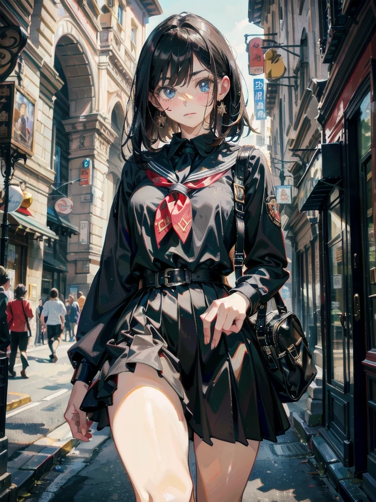 absurdres, RAW photo, extremely delicate and beautiful, masterpiece, Best Quality, ultra high resolution, 32k, hyperrealistic, ultra-detailed, perfect anatomy, anatomically correct, perfect figure, Perfect Style, Perfect balance, super Detailed skin, in her 30s, very Slim body, narrow waist, very small head, very small face, delicate facial features, handsome detailed woman, very detailed eyes and face, realistic face proportions, Realistic beautiful face, Realistic beautiful eyes, tearful mole, earring, big tits, whole body shot, medium hair, outdoor, (school_uniform:1.2), skirt, dress shirt, 