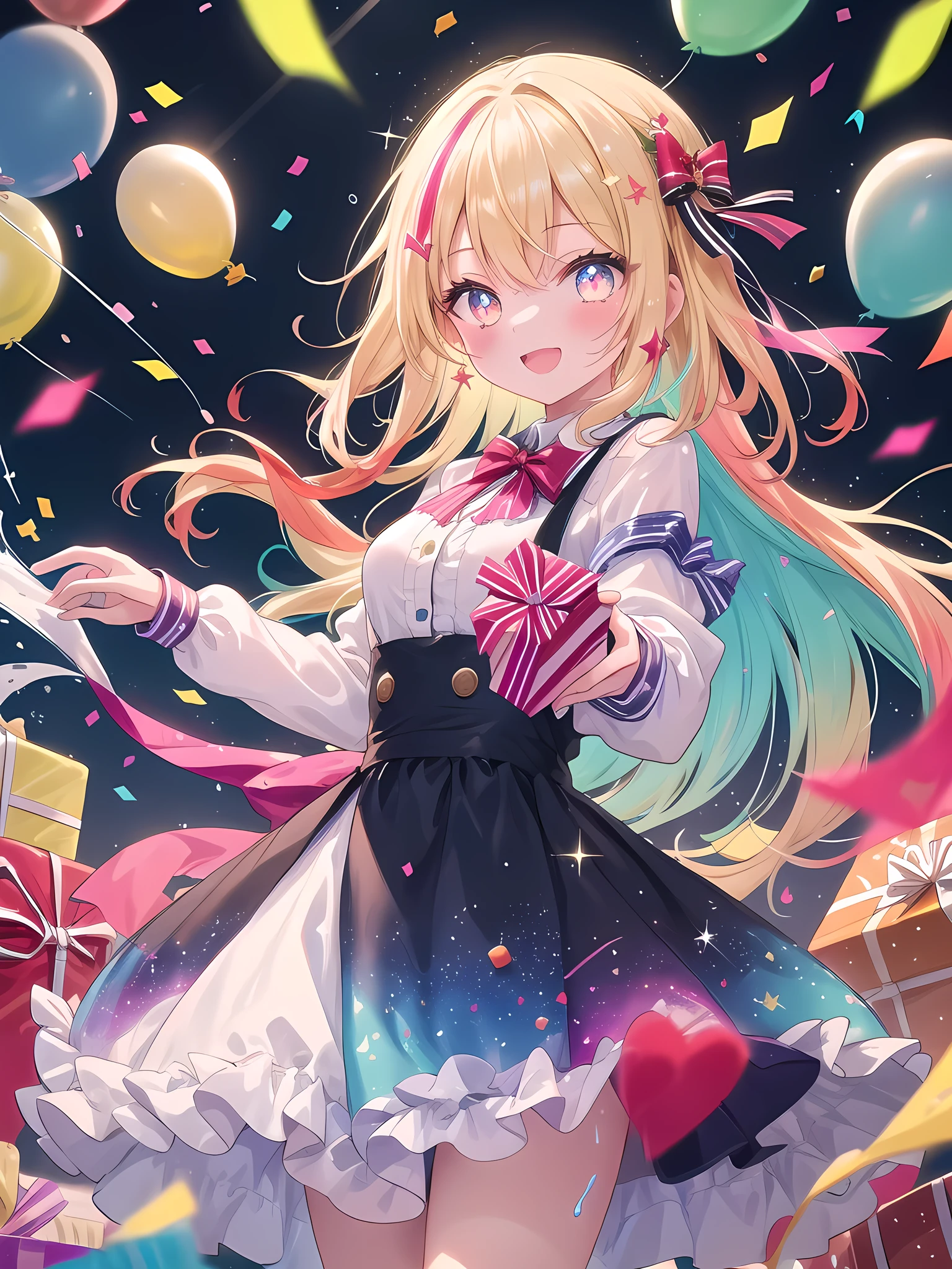 ((8k, best quality, master piece: 1.3)),super high resolution,(1 girl, solo), (colorshift eyes, hyperdetailed, expressive sparkling, glitter, glowing eyes), ultra detailed eyes, ultra-detailed face, random hair, ((pastel color)), Please draw a 15-year-old girl enjoying a birthday party. The girl is wearing a colorful dress and has a happy expression as she stands in front of a cake and presents. There are balloons and party decorations in the background, creating a bright and festive atmosphere. Please use a camera angle that includes the cake, presents, and girl. The colors used are the colorful decorations of the party and the cake decorations.A joyful scene with a shower of colorful confetti raining down. The confetti sparkles as it catches the light, adding a festive and celebratory feel to the image. The background is filled with vibrant colors and dynamic movement, enhancing the overall lively atmosphere.
