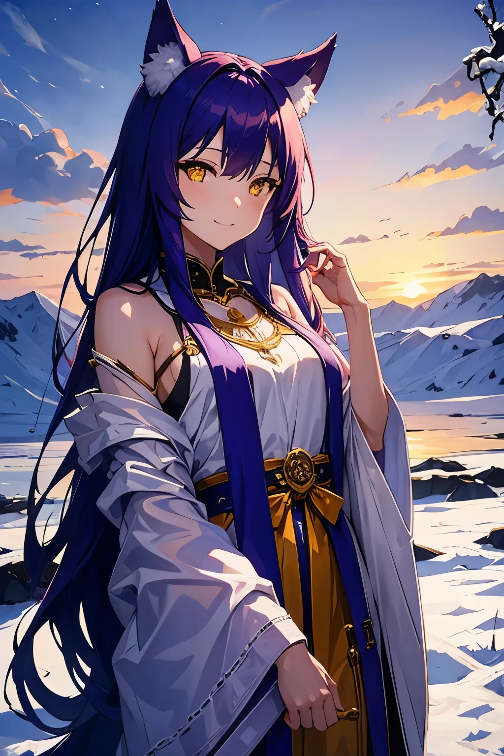 fenrir, long hair, purple hair, outdoor, winter, autumn sunset, seunset, orange sky, ((evening)), full of smile, smile, yellow eyes, white dress, upper body, masterpiece, wolf ears, cure smile