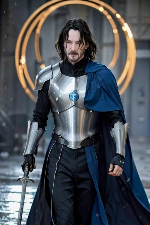 A knight in full armor and blue cape, the knight holds his huge bastard sword, On the breastplate of his armor there is a symbol carved in the shape of an Ouroboros., a serpent in the shape of a perfect circle devouring its own tail., Keanu Reeves 
