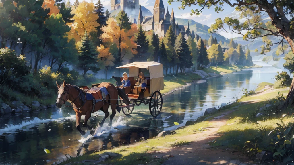 A horse-drawn carriage is running along a forest road along a river leading to a lake, passing travelers, a medieval fantasy world,