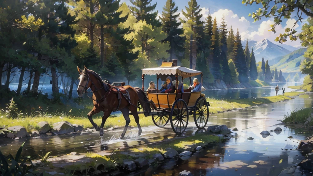 A horse-drawn carriage is running along a forest road along a river leading to a lake, passing travelers, a medieval fantasy world,