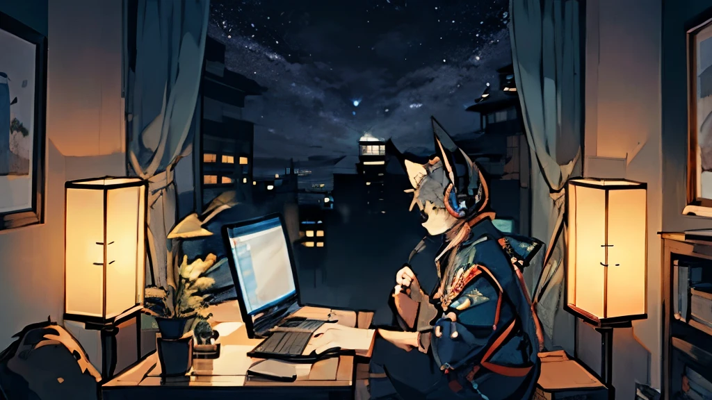 A human-sized cat wearing headphones and typing on a computer while listening to music in a room、Dim room lighting、Outside the room is a starry sky.、Japanese anime style、City Pop