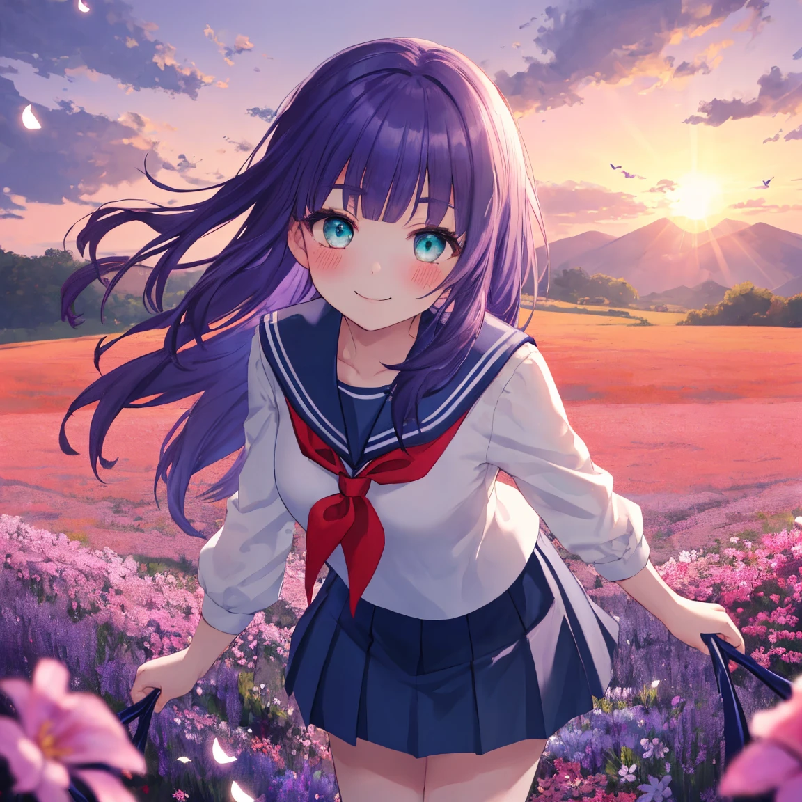 (( best quality, masterpiece, 4k, 8k, 16k, absurdrity, retina)), Ultra-Wide Angle, anime style, 1girl, smile, blunt bangs, drooping eyebrows, aqua eyes, glowing eyes, violet hair, meadow, smile, leaning forward, white serafuku, blue sailor collar, red neckerchief, long white shirt, blue flowing pleated skirt, lace-trimmed skirt, BREAK looking at viewer, blush, facing shot:, sunrise backlighting, cloudy, purple and blue gradient sky, glowing butterflies, award winning, vibrant colors, flowers flying, bloom, petals falling, cowboy shot, pov, leaning forward