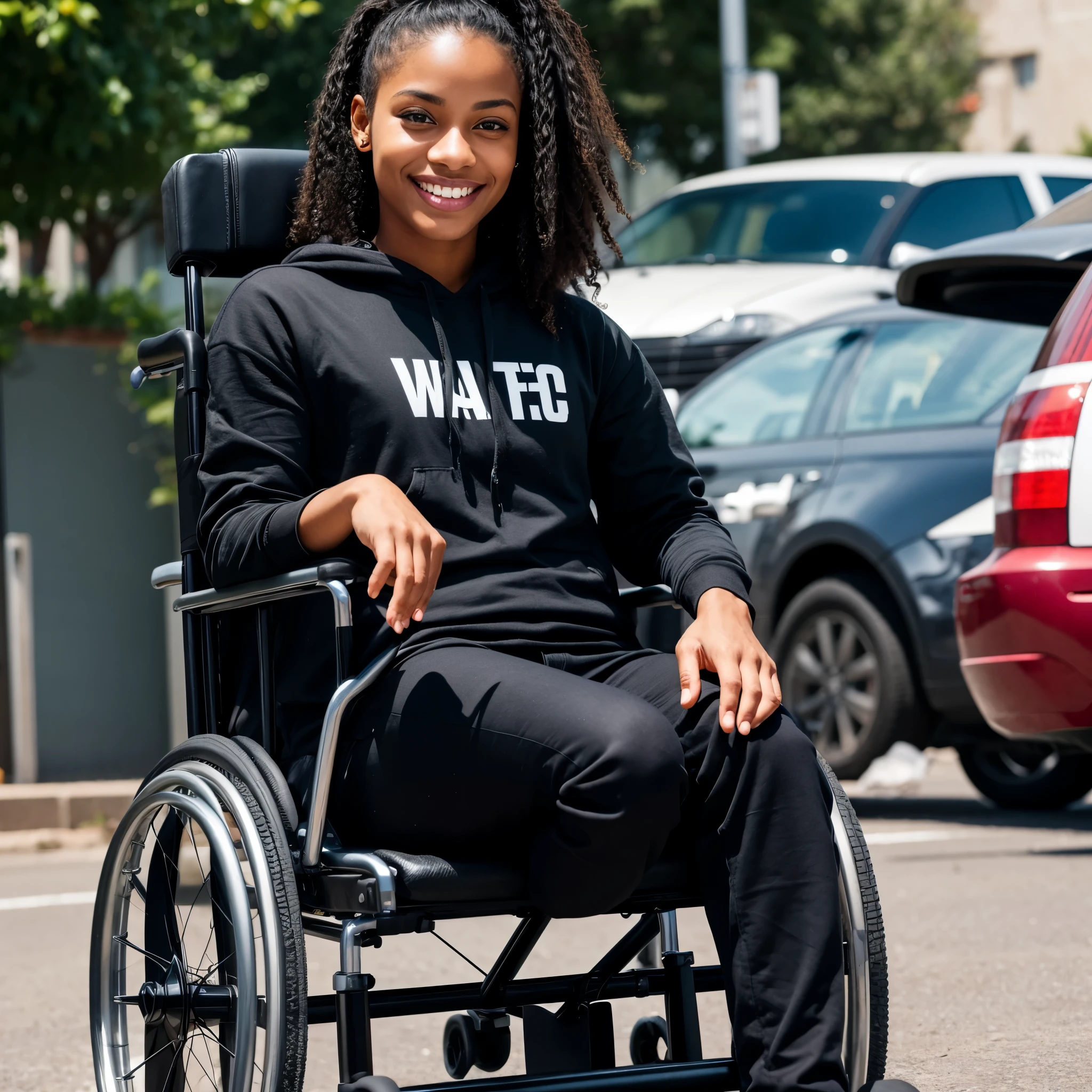 Black , eyes large, wheelchair, perfect smile, perfect hand