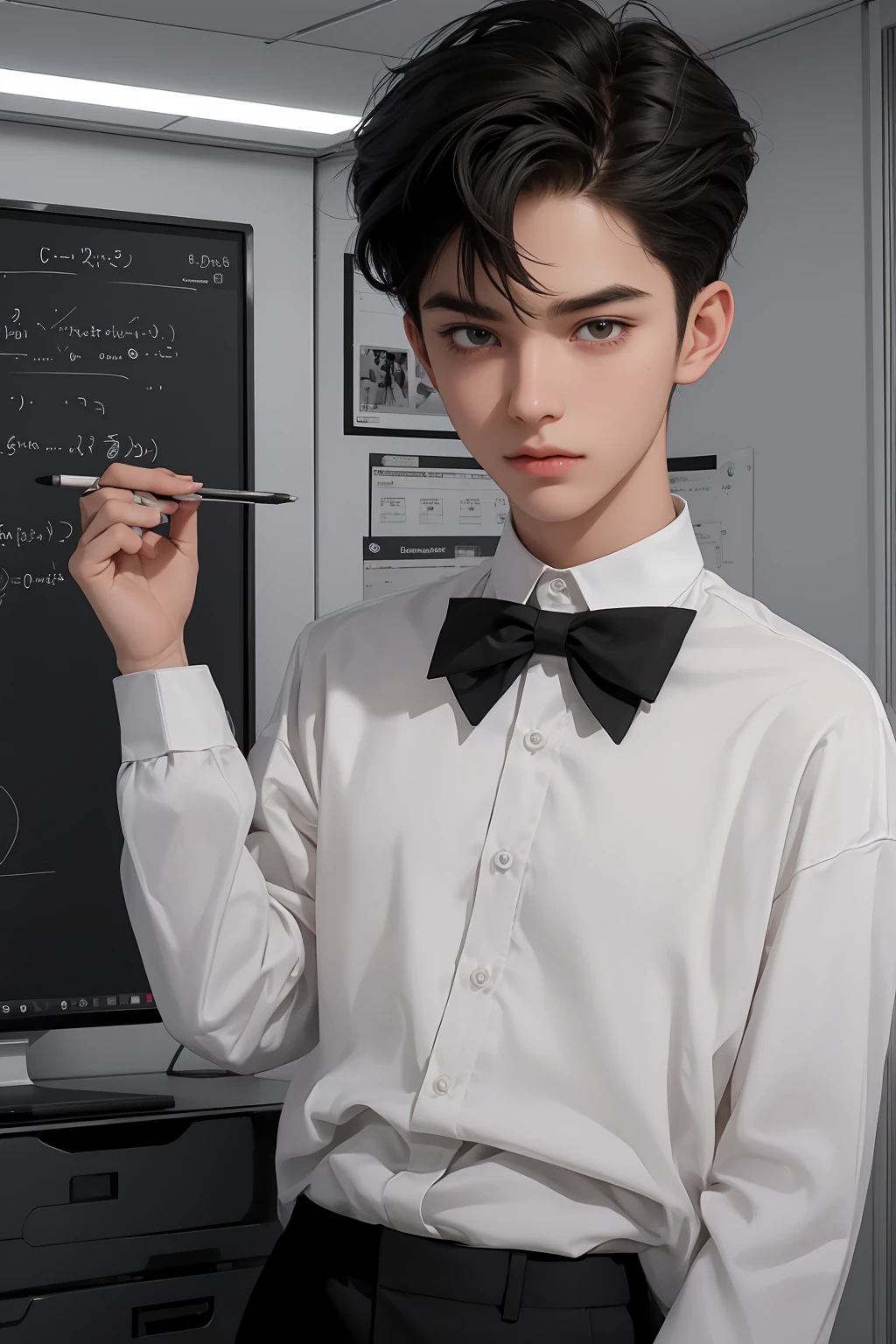 A young male twink, 18 years old, cute and beautiful, with an innocent face, with black hair and a face with makeup, and he is wearing a white long-sleeved shirt and brown pants. He is in his office. He is studying with concentration and high effort, and his eyes have dark circles under them, and behind him is a blackboard with differential scrawls written on it.  And integration and mathematical equations and he looks proudly.