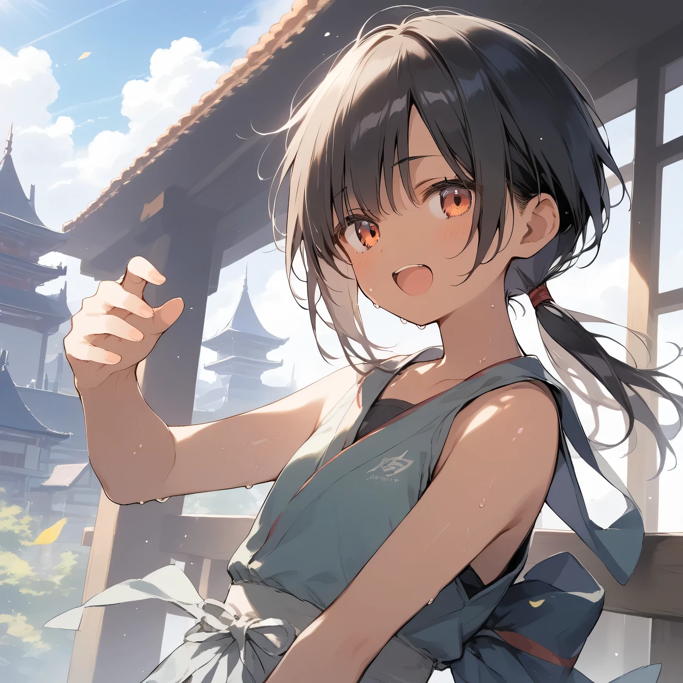 score_9, score_8_up, score_7_up, source_anime, best quality, masterpiece, official art, absurdres, highres, ultra-detailed,waifu2x,Collection: Slice of Life,break,1girl, tomboy, dark-skinned female, short hair, low ponytail, flat chest, beautiful detailed eyes, ninja, shorts, sweat, open mouth, (yawn:0.3), sleepily, outdoors, japanese castle, wind,break,(clear line illustration:1.2), super detailed skin,very high resolution, very aesthetic, Best sexual lighting powered by famous artist, 8k,cute picture,beauty illustration,photoshop_(medium),,(Detailed Lighting),best anime 8k konachan wallpaper, pixiv contest winner, 